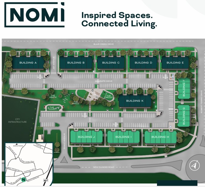 NOMI Towns location map and community site plan near New Dundee Road, Kitchener